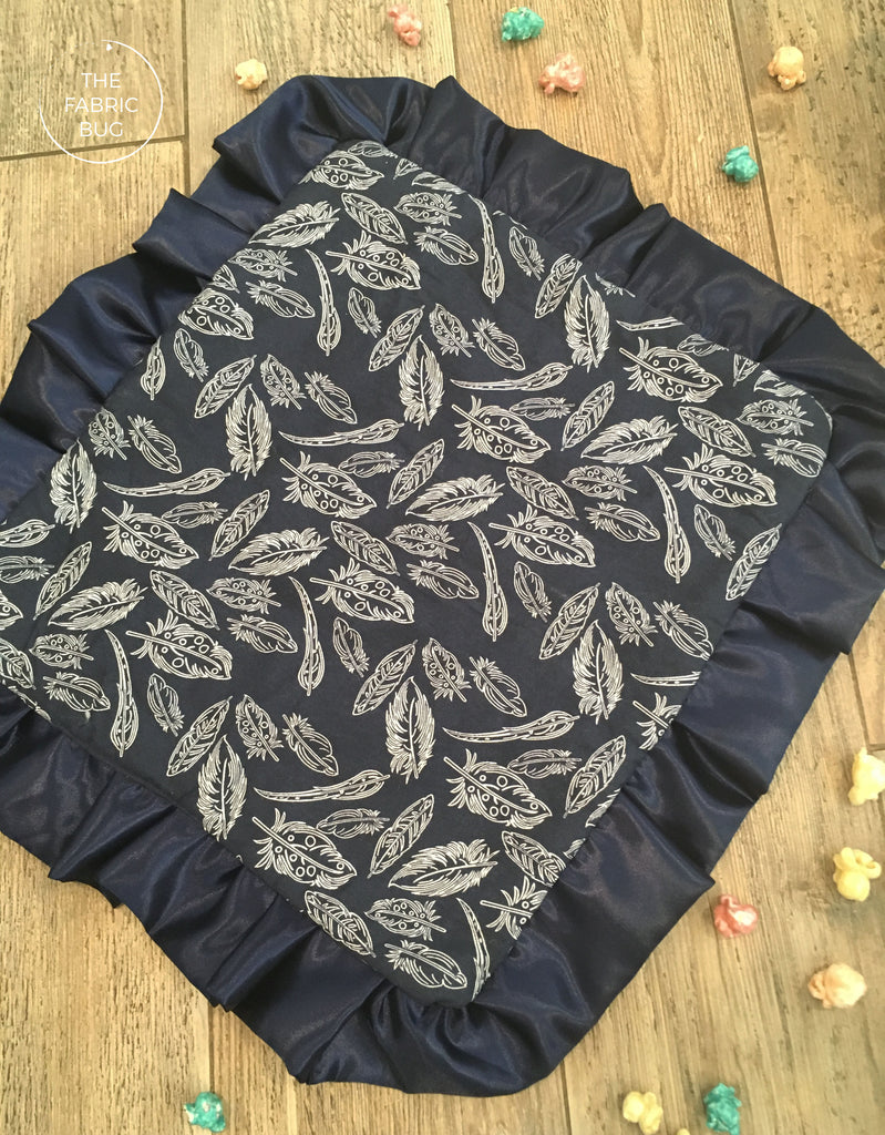 Navy Feather with Satin Ruffle Lovey Blanket